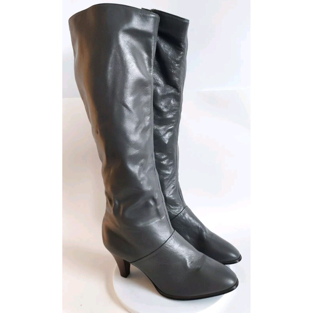 Vintage Charcoal Gray Leather Knee High Boots 3" Stacked Heel‎ Womens Size 7.5M